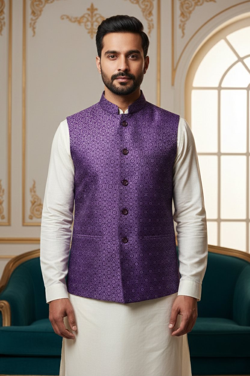 Men’s Royal Purple Brocade Nehru Jacket