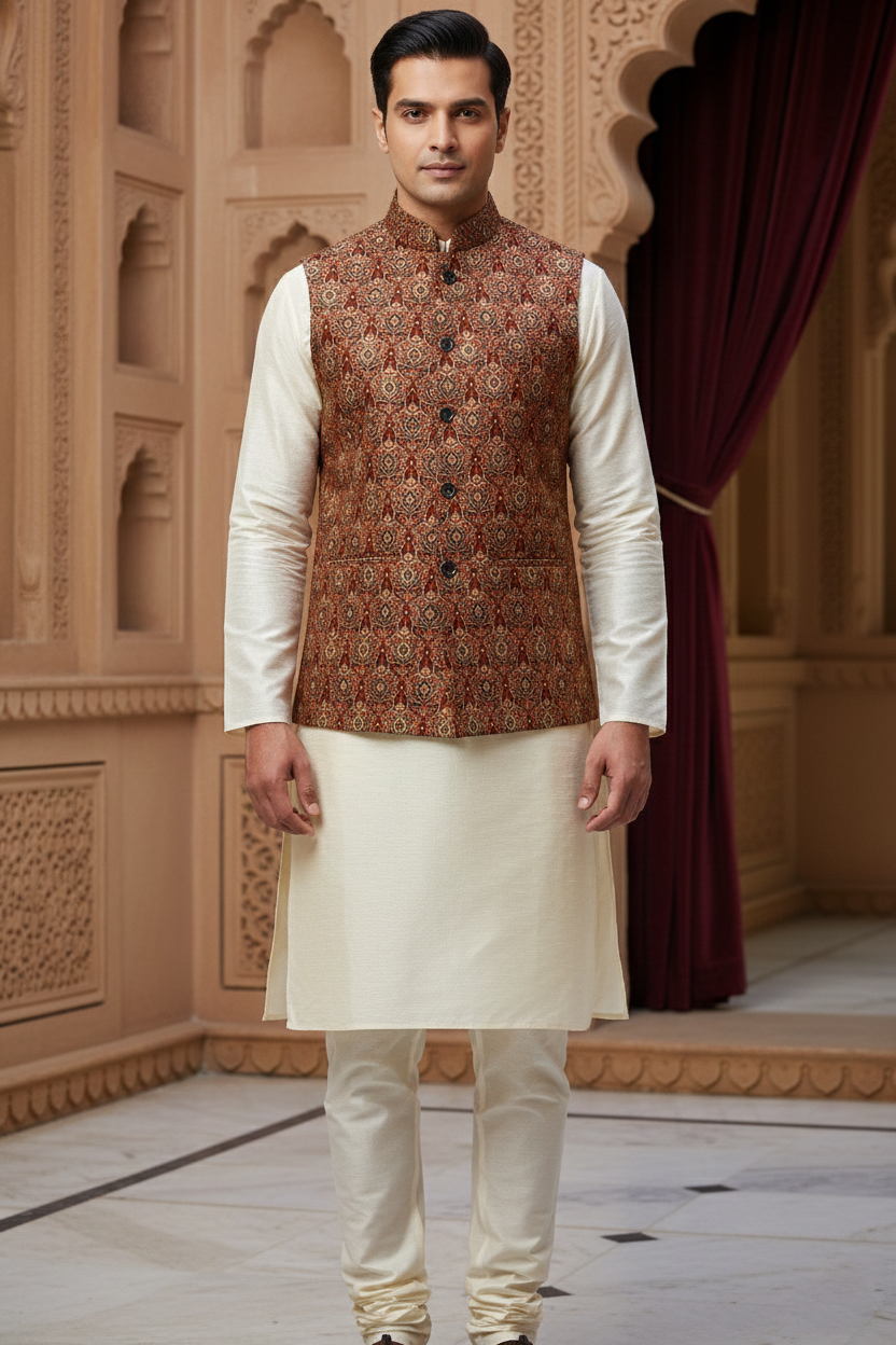 Men’s Rust Printed Nehru Jacket with Ivory Kurta