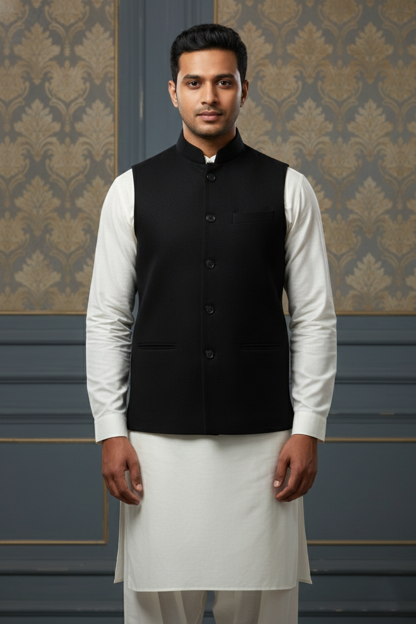 Classic Black Nehru Jacket with Cream Kurta Set