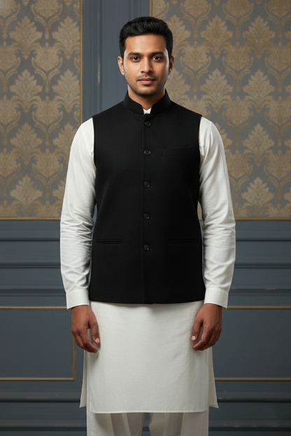 Classic Black Nehru Jacket with Cream Kurta Set