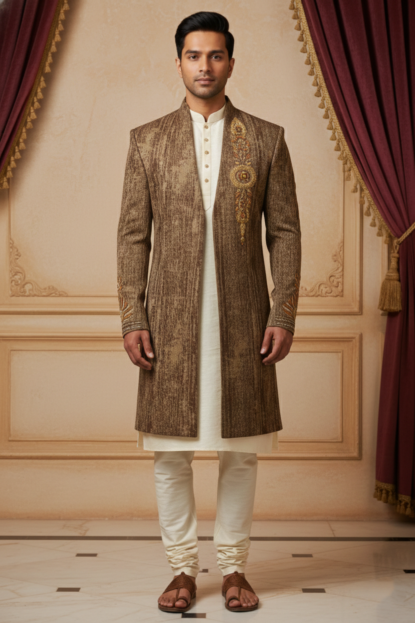 Brown Sherwani with Gold Detailing