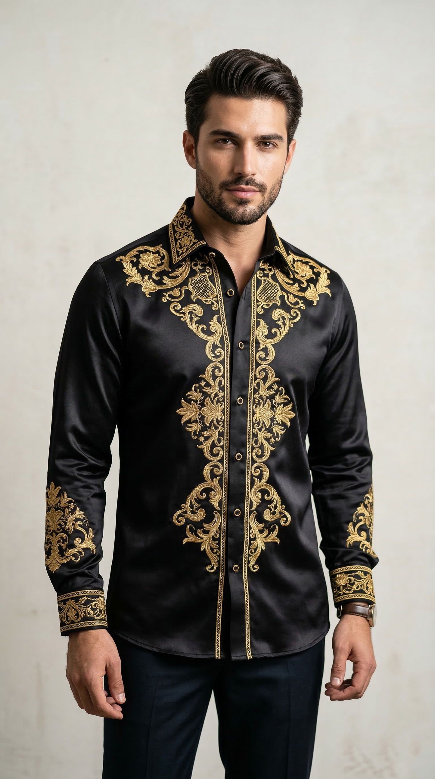 Men'sDesigner Slim-Fit Baroque Embroidered Silk-Sateen Shirt , Black & Royal Gold