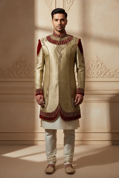 Gold Sherwani with Red Embellishments