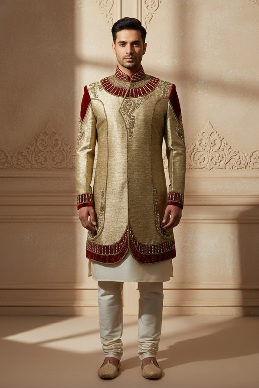 Gold Sherwani with Red Embellishments