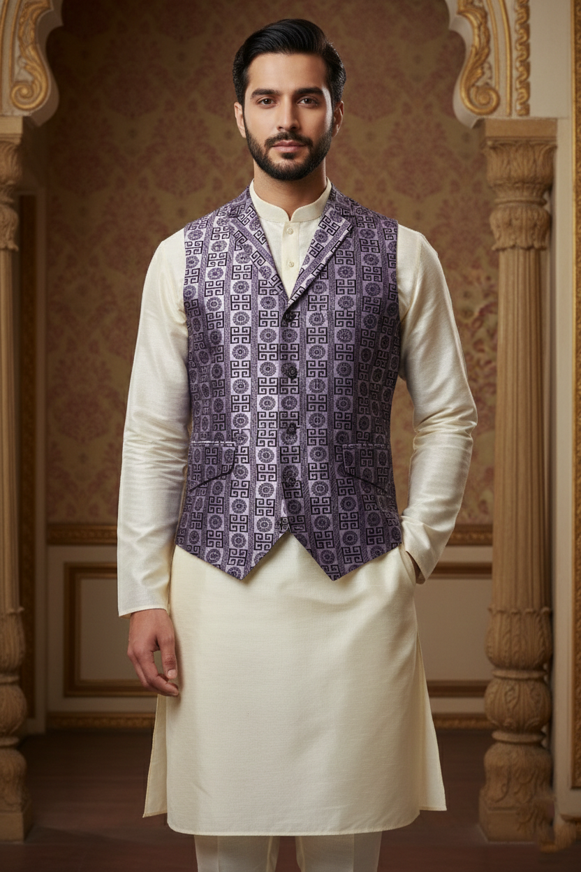 Men’s Lavender Designer Printed Waistcoat | Slim Fit Party & Festive Vest