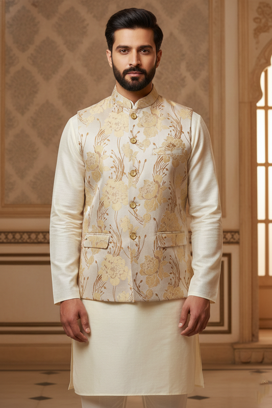 Men’s Luxury Gold Floral Jacquard Nehru Jacket