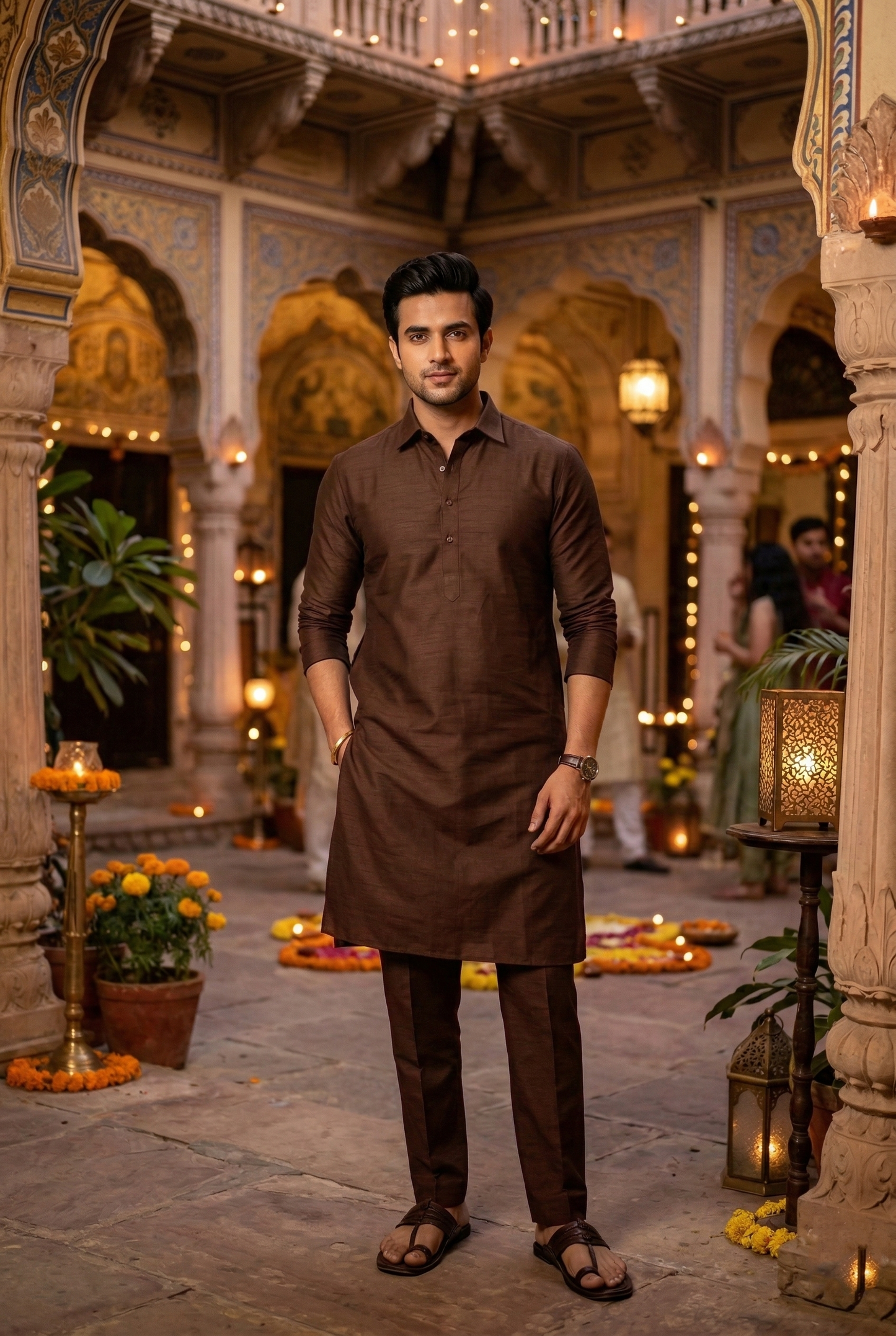 Men's Chocolate Brown Silk-Blend Plain Kurta Pajama Set