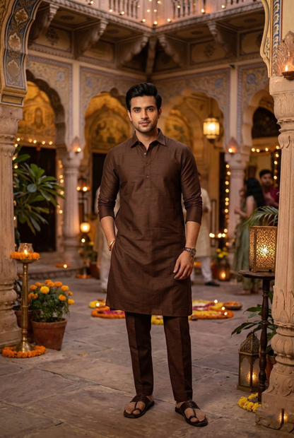 Men's Chocolate Brown Silk-Blend Plain Kurta Pajama Set