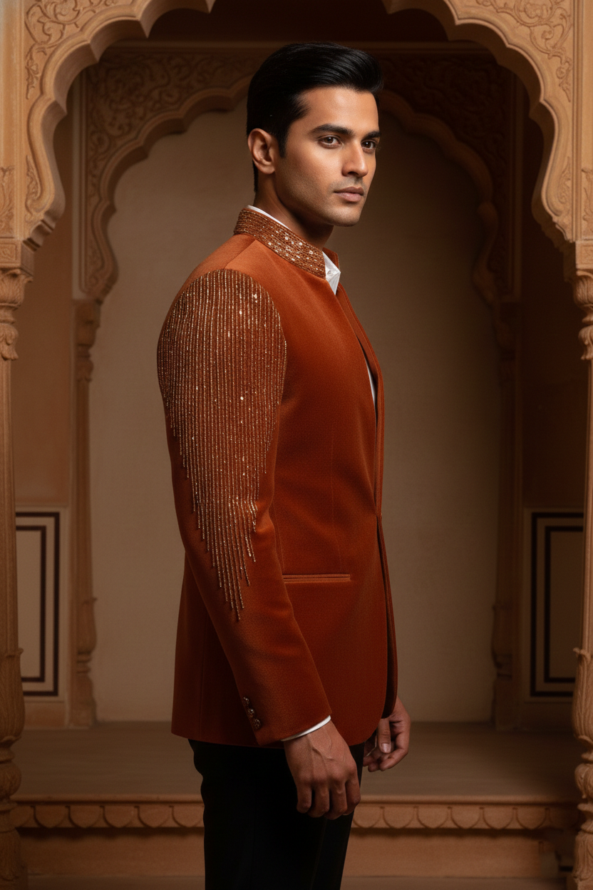 Rust Velvet Imperial Blazer with Beaded Mandarin Collar and Fringed Shoulder Accents