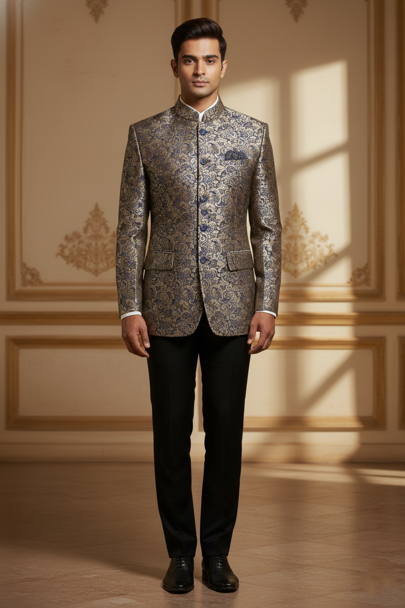 Men's Royal Jacquard Silk Blend Jodhpuri Bandhgala Blazer