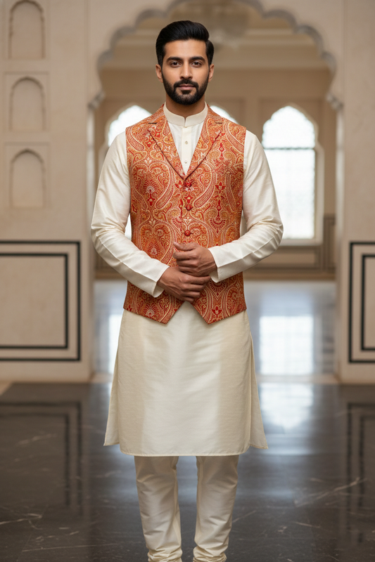 Royal Rust & Gold Paisley Silk Nehru Jacket with Notch Lapel