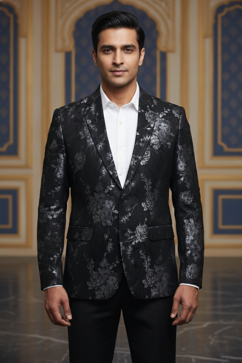 Black Double-Breasted Blazer with Subtle Silver Floral Pattern
