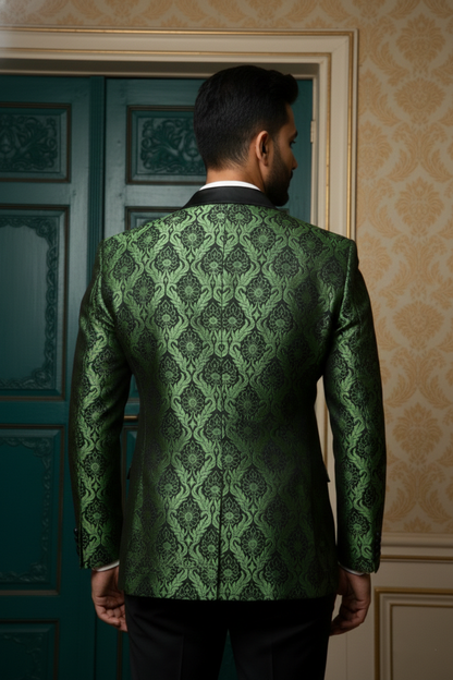 Emerald Sovereign Green Jacquard Blazer , Slim Fit Designer Tuxedo with Satin Peak Lapels