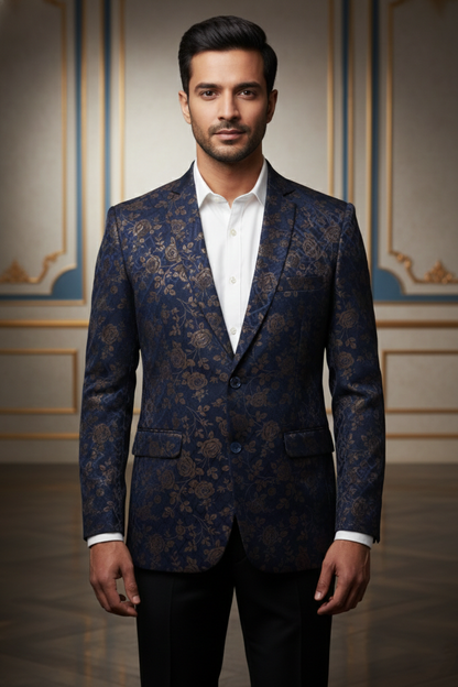 Dark Blue Floral Blazer with Notched Lapel & Two-Button Closure