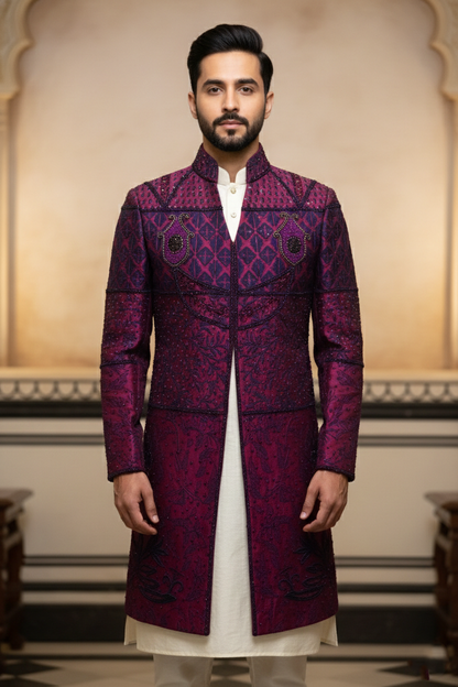 Men'sWine Embroidered Designer Sherwani