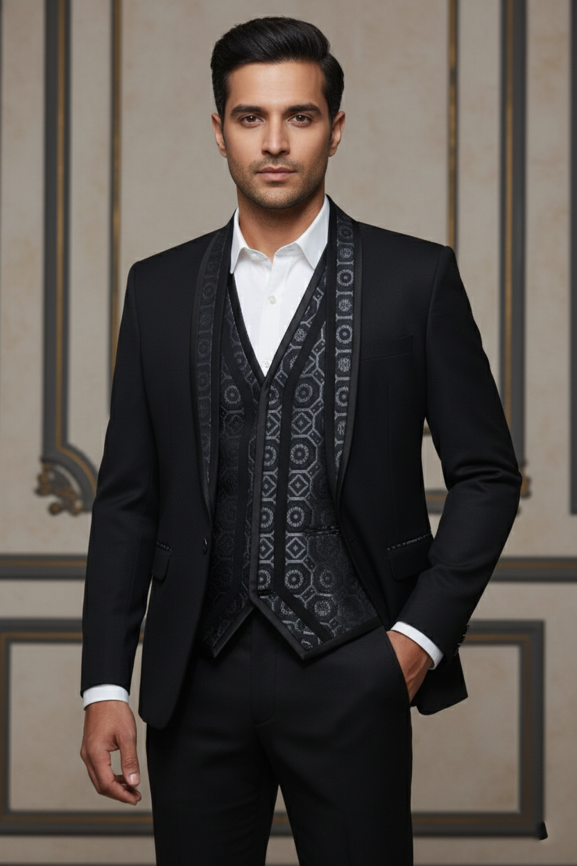 Black Single-Breasted Suit with Patterned Lapels