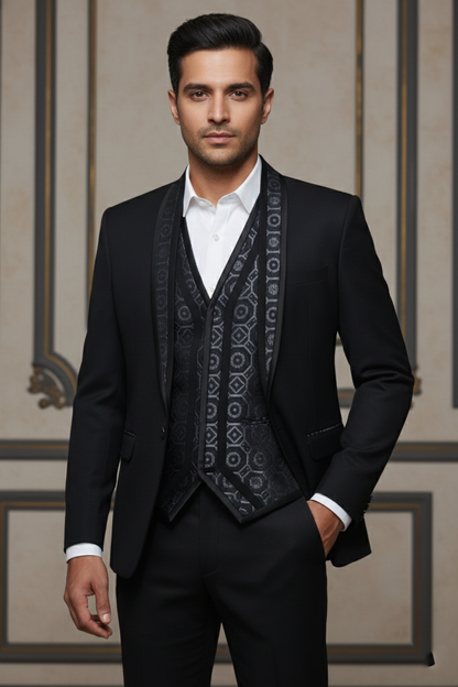 Black Single-Breasted Suit with Patterned Lapels