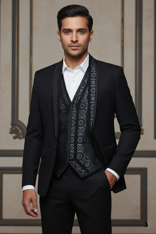 Black Single-Breasted Suit with Patterned Lapels