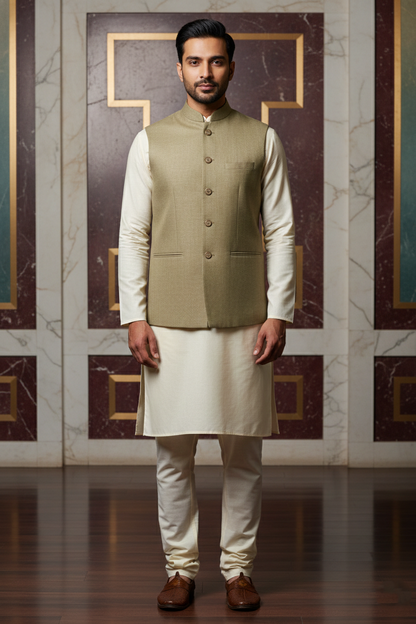 Men’s Beige Nehru Jacket | Solid Ethnic Waistcoat with Mandarin Collar