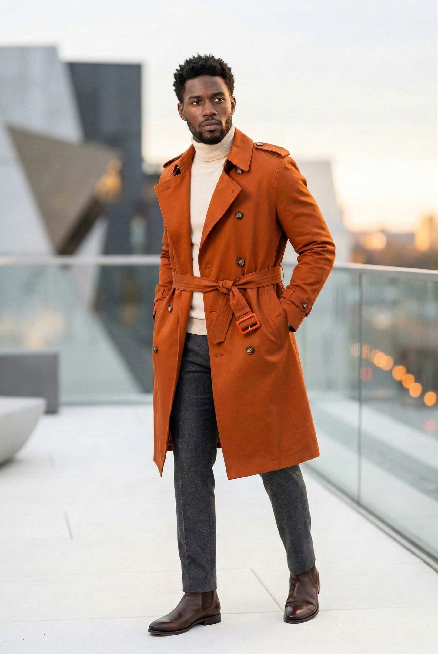 Men'sBurnt Orange Double-Breasted Long Trench Coat