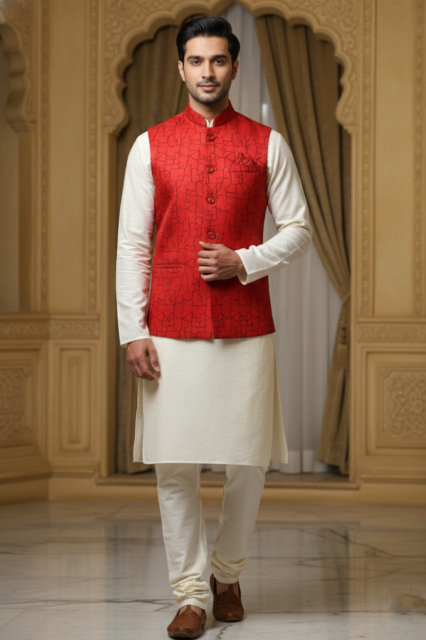 Men’s Red Nehru Jacket with Black Line Work | Designer Ethnic Waistcoat