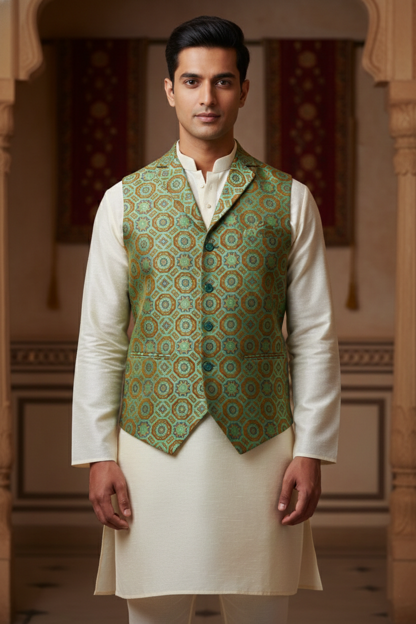Men’s Green Designer Waistcoat | Purple, Green & Red Work Slim Fit Festive Vest