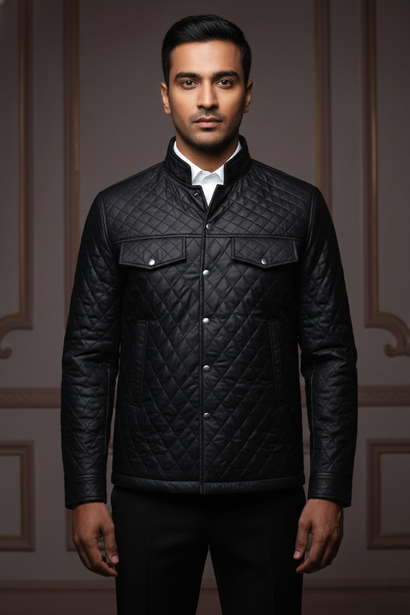 Men's Premium Quilted Diamond-Stitch Polyester Taffeta Jacket , Slim Fit Mock Neck Bomber with Utility Pockets