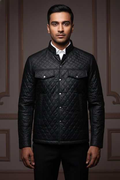 Men's Premium Quilted Diamond-Stitch Polyester Taffeta Jacket , Slim Fit Mock Neck Bomber with Utility Pockets