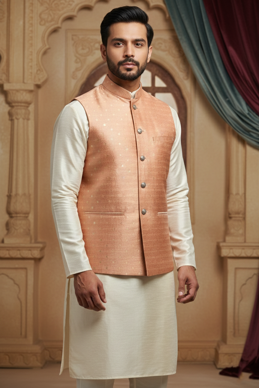 Men’s Peach-Gold Textured Silk Nehru Jacket