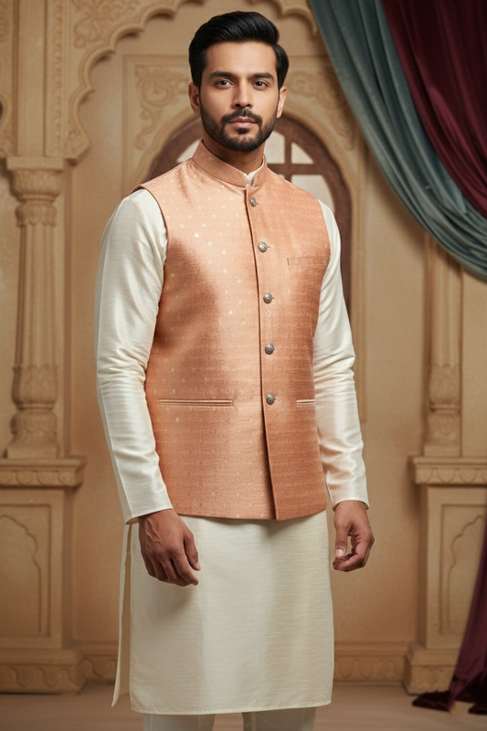 Men’s Peach-Gold Textured Silk Nehru Jacket