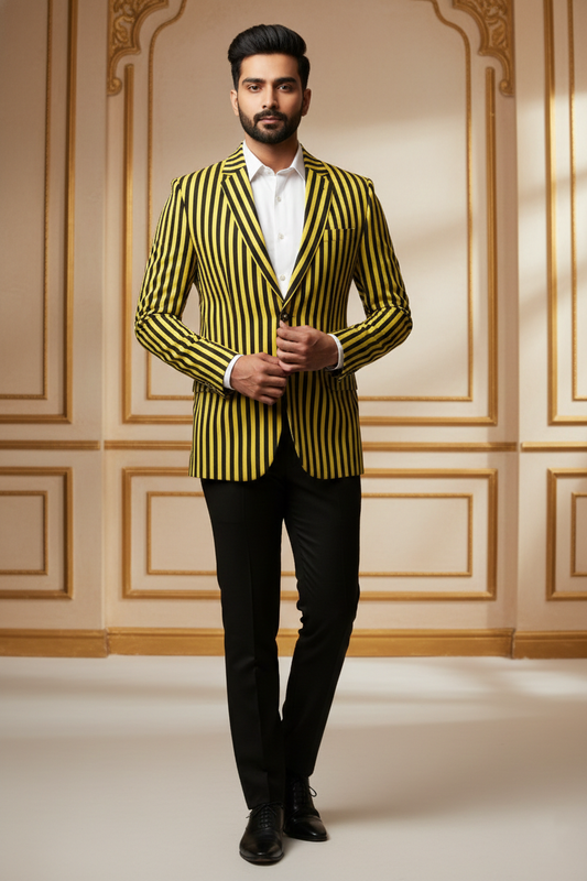 Men's Slim Fit Yellow and Black Vertical Striped Blazer , Modern Statement Sport Coat