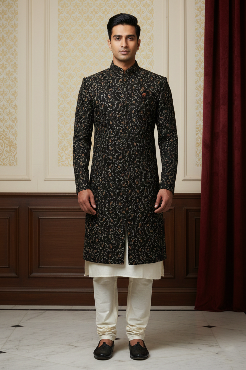 Black Sherwani with Floral Embroidery