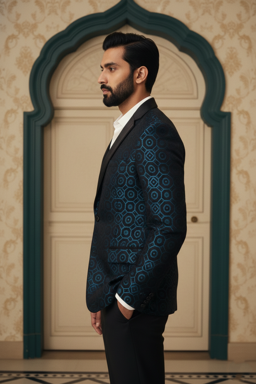 Men'sDesigner Teal & Black Geometric Jacquard Tuxedo Blazer , Premium Ethnic Evening Wear