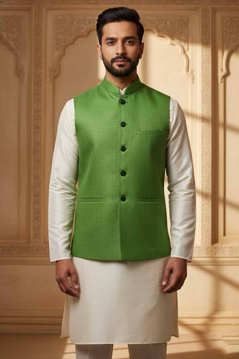 Men’s Green Nehru Jacket with Black Line Work | Designer Ethnic Waistcoat