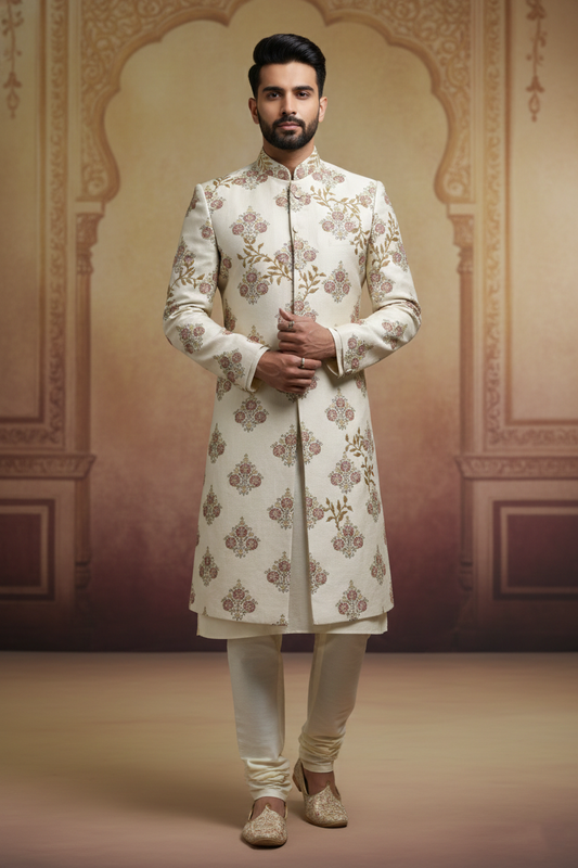 Cream Sherwani with Gold & Maroon Embroidery