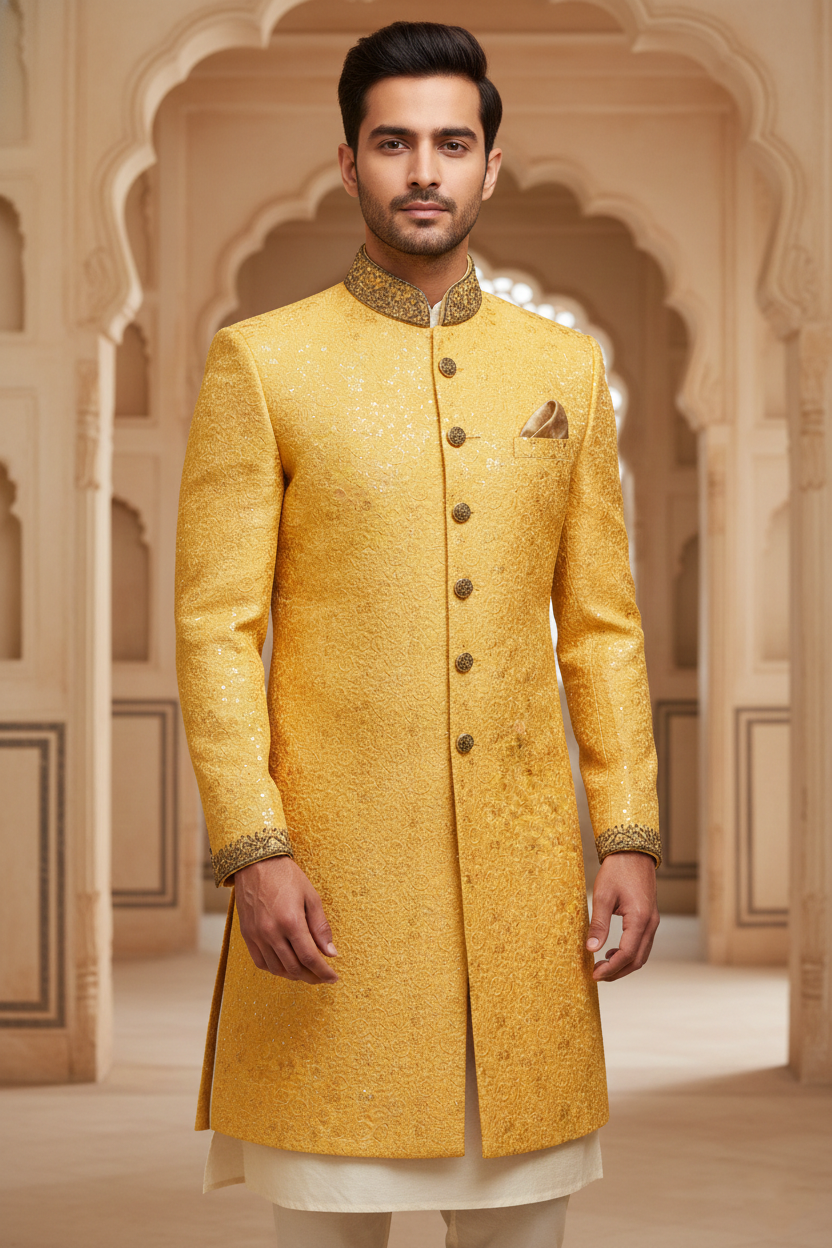 Men'sMustard Embroidered Wedding Sherwani