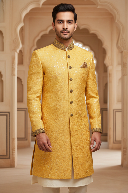 Men'sMustard Embroidered Wedding Sherwani