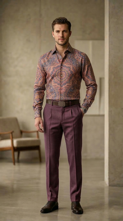 Designer Men'sOrnate Mandala Print Shirt , Sunset Copper & Plum Kaleidoscope Motif
