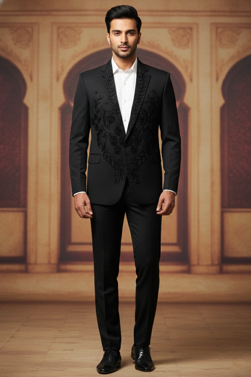 Men'sBlack Floral Embroidered Designer Blazer