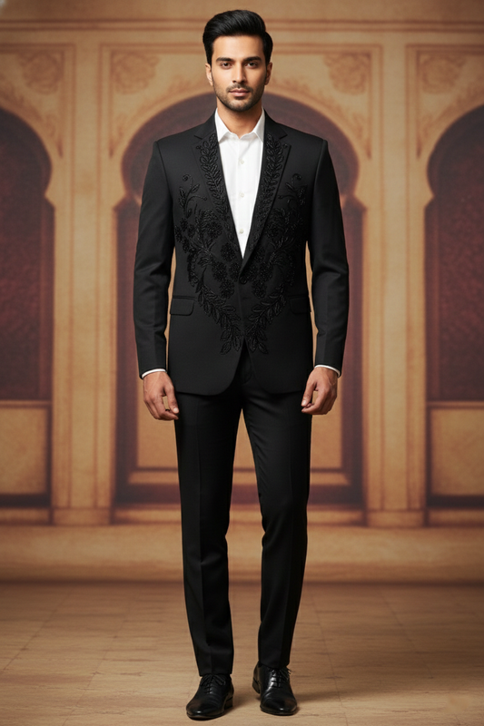 Men'sBlack Floral Embroidered Designer Blazer