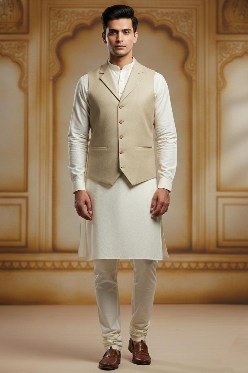 Men’s Beige Jacquard Silk Waistcoat with Notch Lapel | Slim Fit Festive Vest