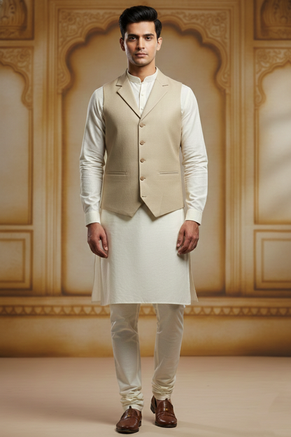 Men’s Beige Jacquard Silk Waistcoat with Notch Lapel | Slim Fit Festive Vest