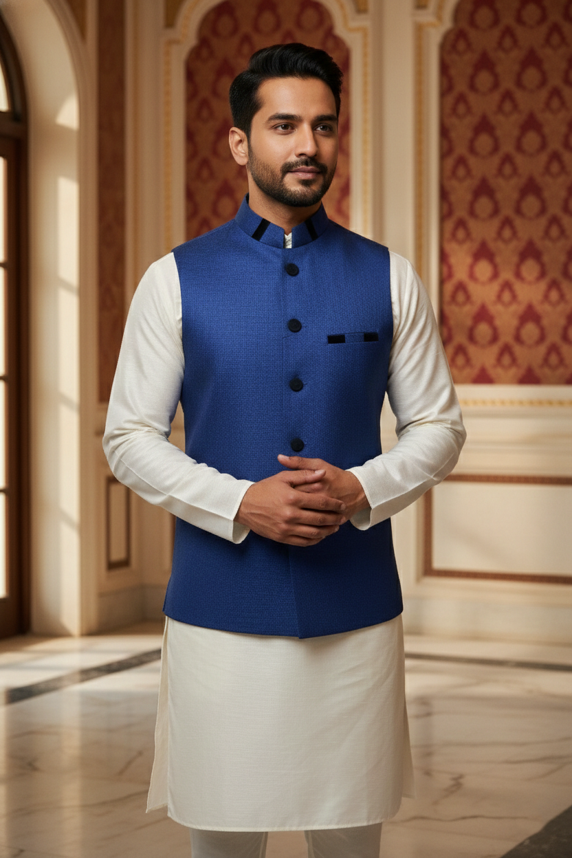 Men’s Dark Blue Nehru Jacket with Subtle Textured Work | Ethnic Waistcoat