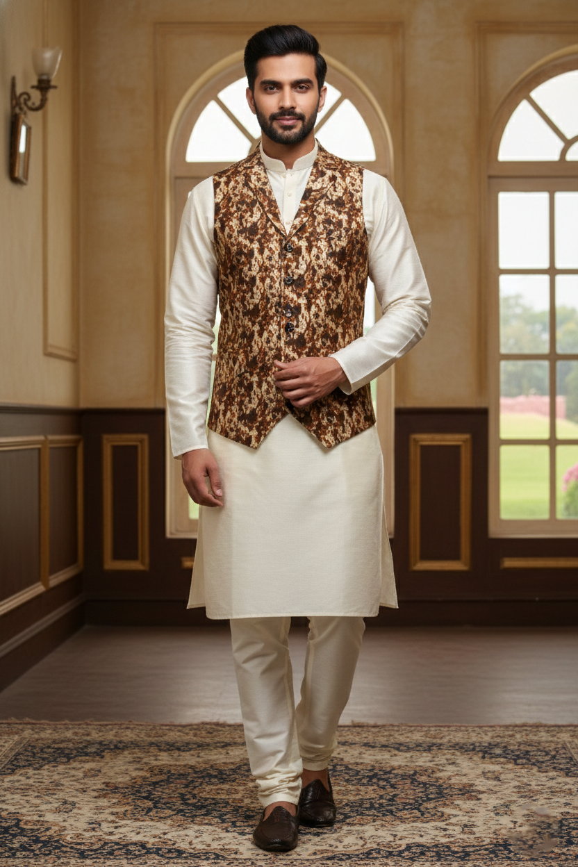 Men’s Printed Ethnic Nehru Jacket | Traditional Buttoned Waistcoat for Kurta | Festive & Wedding Wear Sleeveless Vest