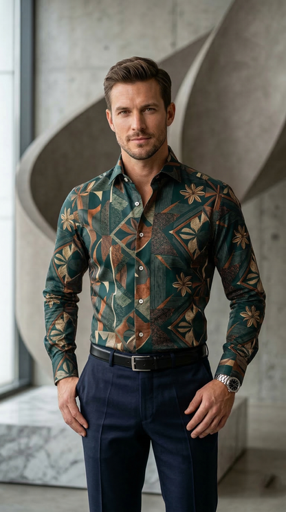 Men'sDesigner Slim-Fit Abstract Botanical Mosaic Shirt