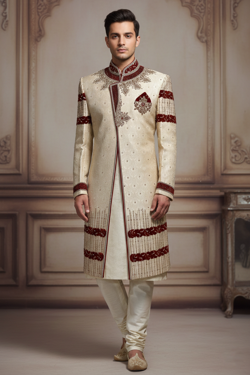 Men'sIvory & Maroon Embroidered Sherwani