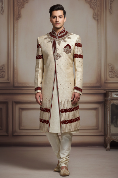 Men'sIvory & Maroon Embroidered Sherwani