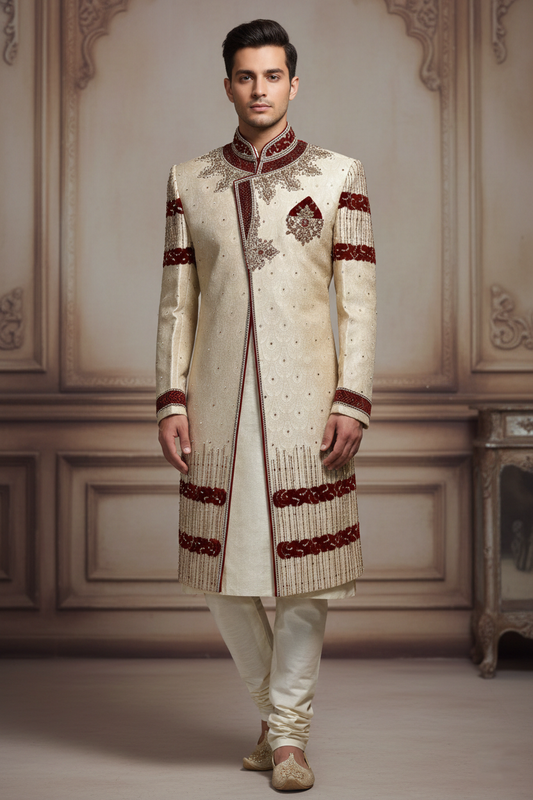 Men'sIvory & Maroon Embroidered Sherwani