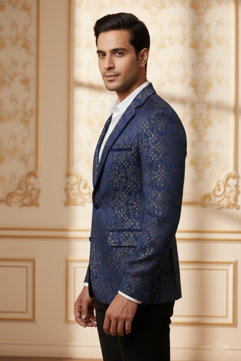 Men'sRoyal Blue Jacquard Brocade Blazer , Luxury Slim-Fit Floral Pattern Party Wear Jacket