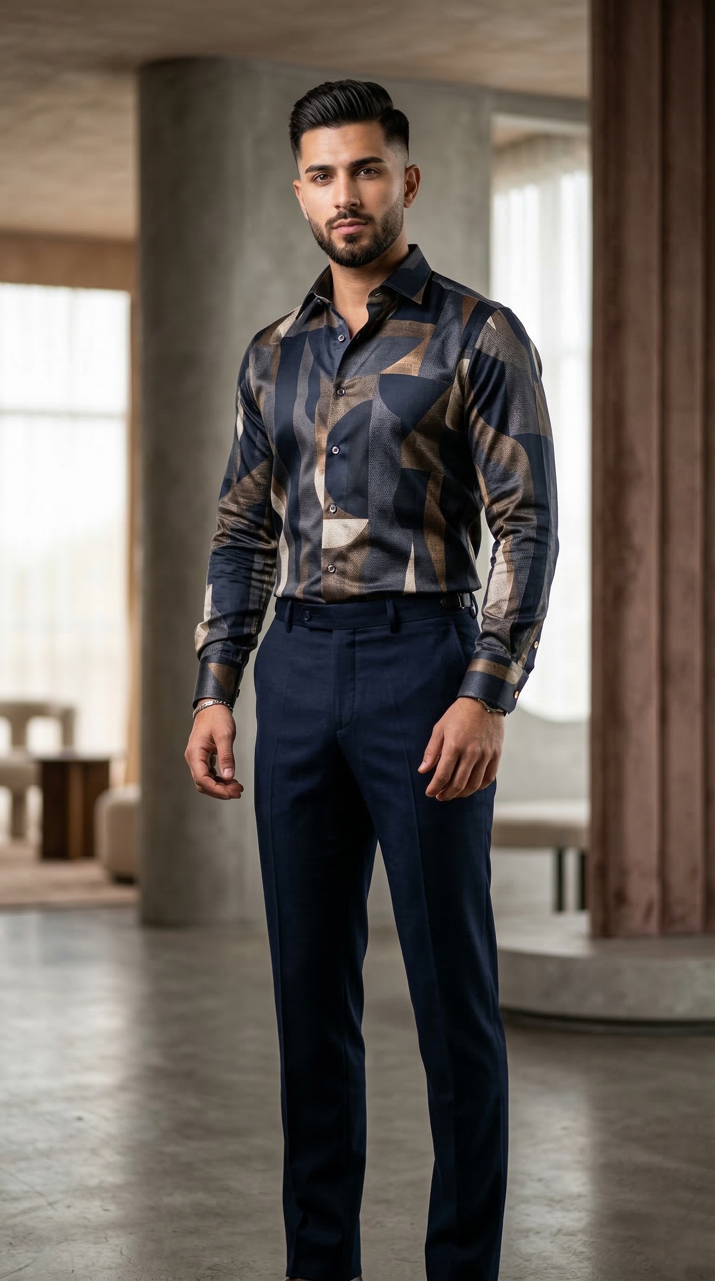 Men'sDesigner Slim-Fit Abstract Fragment Print Shirt , Midnight & Burnished Bronze
